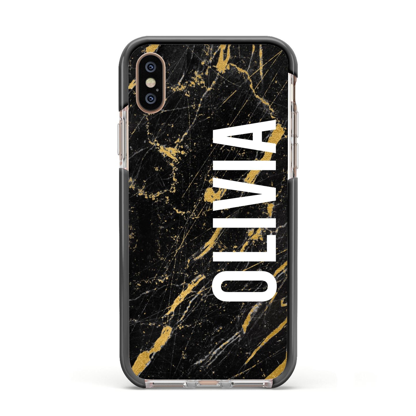 Personalised Black Gold Marble Name Apple iPhone Xs Impact Case Black Edge on Gold Phone