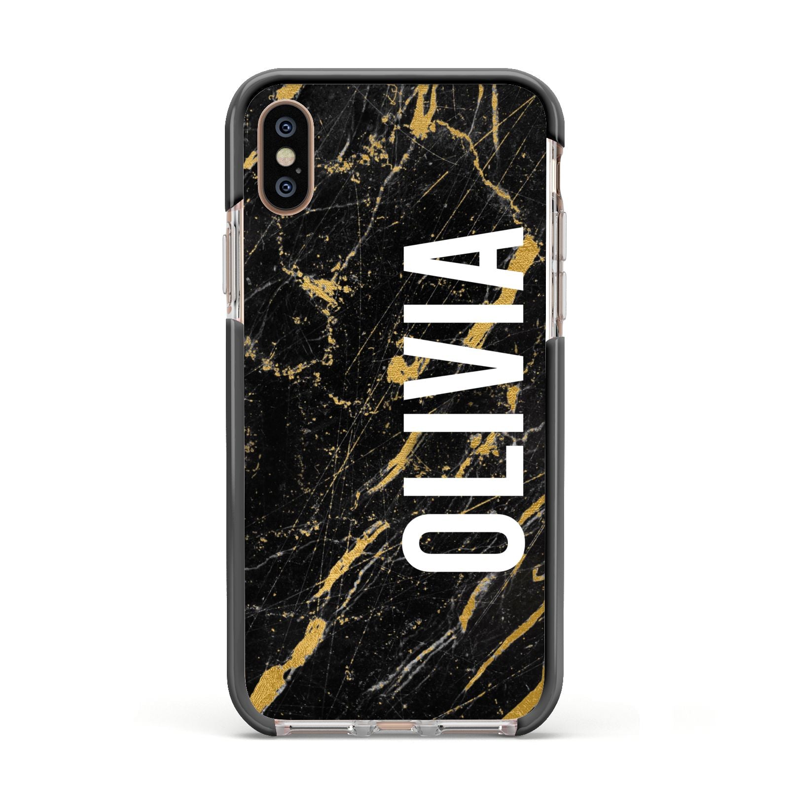 Personalised Black Gold Marble Name Apple iPhone Xs Impact Case Black Edge on Gold Phone