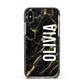 Personalised Black Gold Marble Name Apple iPhone Xs Impact Case Black Edge on Silver Phone