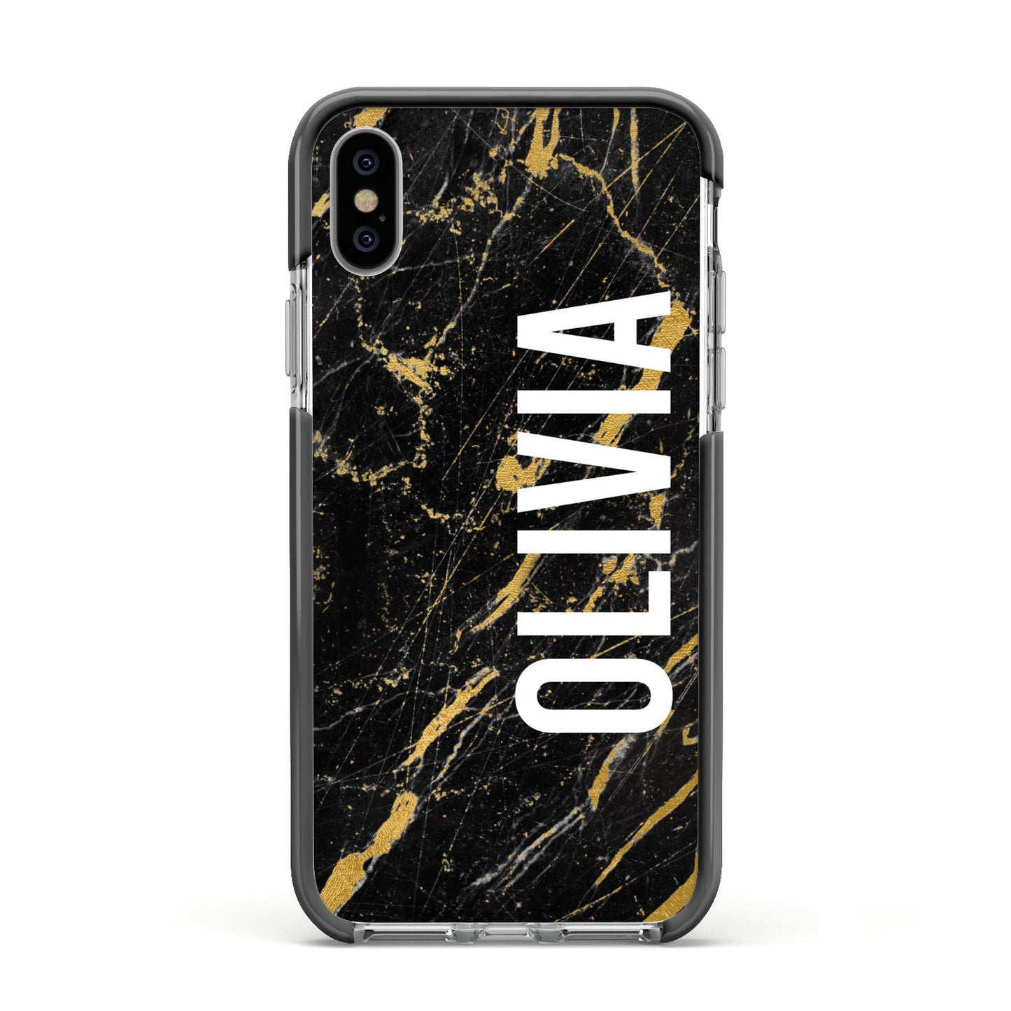 Personalised Black Gold Marble Name Apple iPhone Xs Impact Case Black Edge on Silver Phone