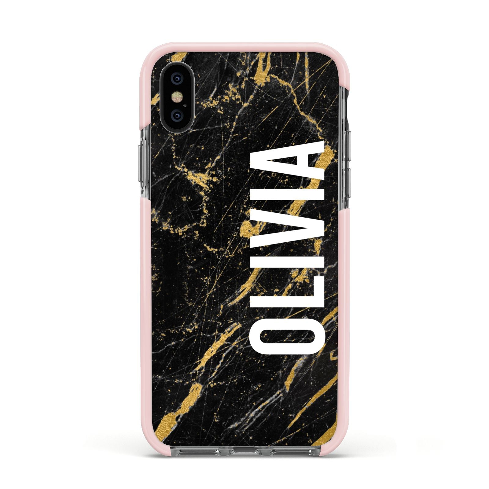 Personalised Black Gold Marble Name Apple iPhone Xs Impact Case Pink Edge on Black Phone