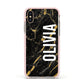 Personalised Black Gold Marble Name Apple iPhone Xs Impact Case Pink Edge on Gold Phone