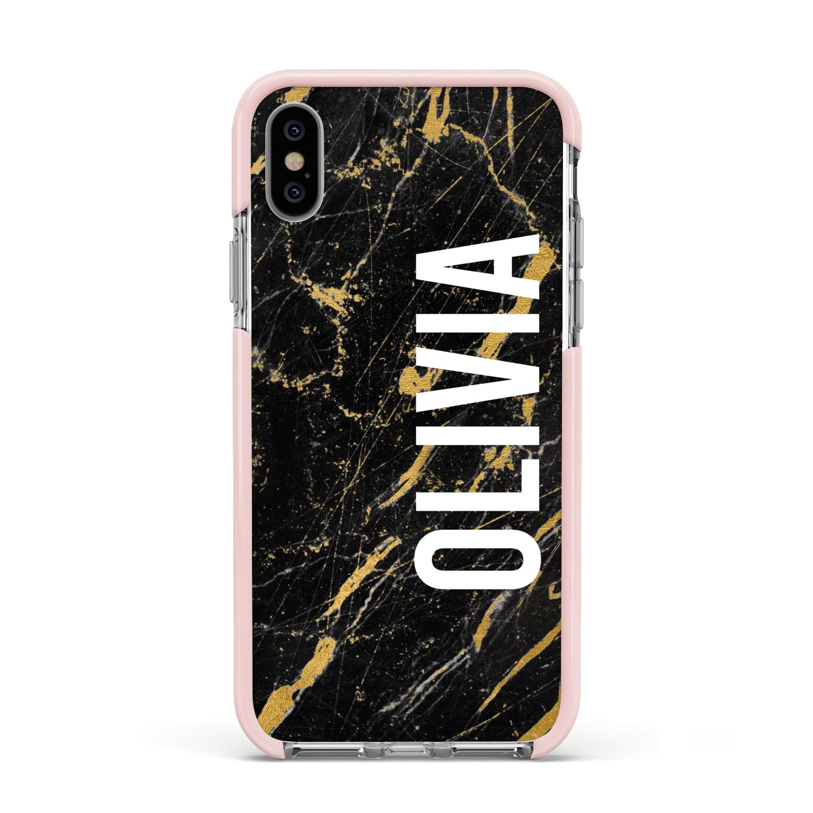 Personalised Black Gold Marble Name Apple iPhone Xs Impact Case Pink Edge on Silver Phone