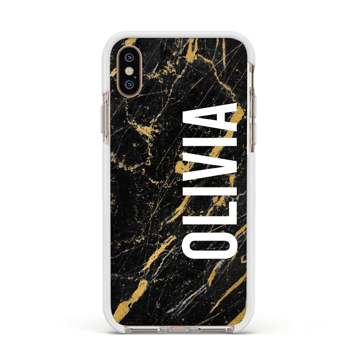 Personalised Black Gold Marble Name Apple iPhone Xs Impact Case White Edge on Gold Phone