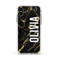 Personalised Black Gold Marble Name Apple iPhone Xs Impact Case White Edge on Silver Phone