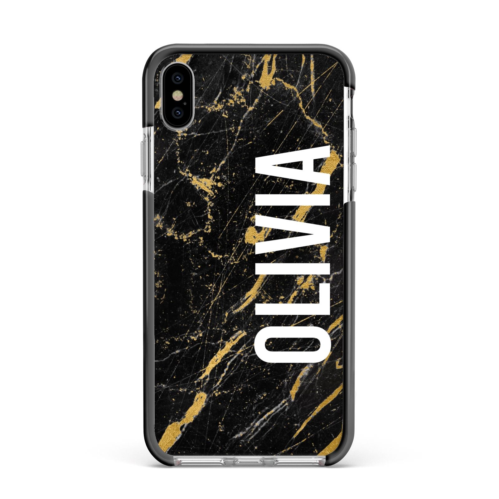 Personalised Black Gold Marble Name Apple iPhone Xs Max Impact Case Black Edge on Silver Phone