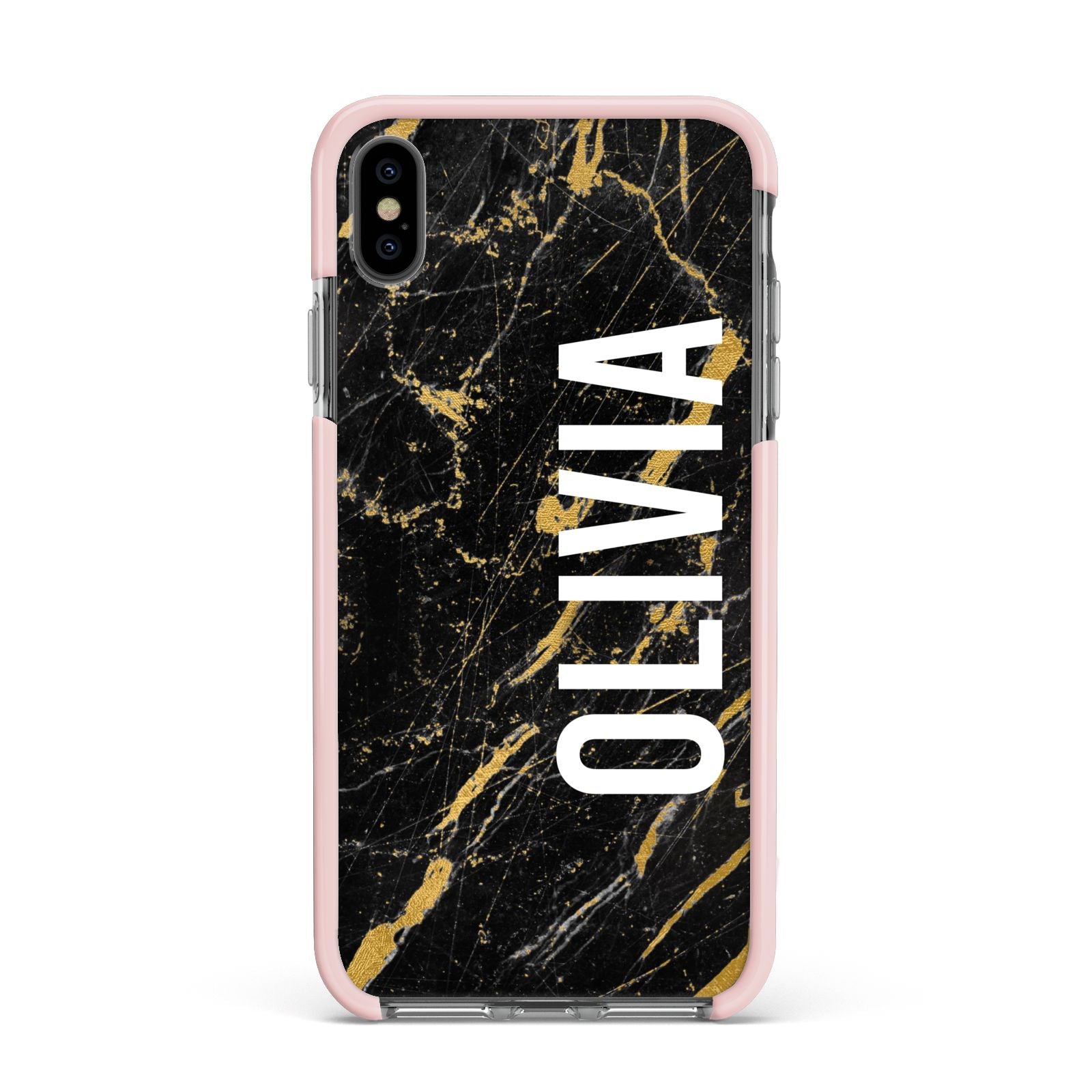 Personalised Black Gold Marble Name Apple iPhone Xs Max Impact Case Pink Edge on Black Phone