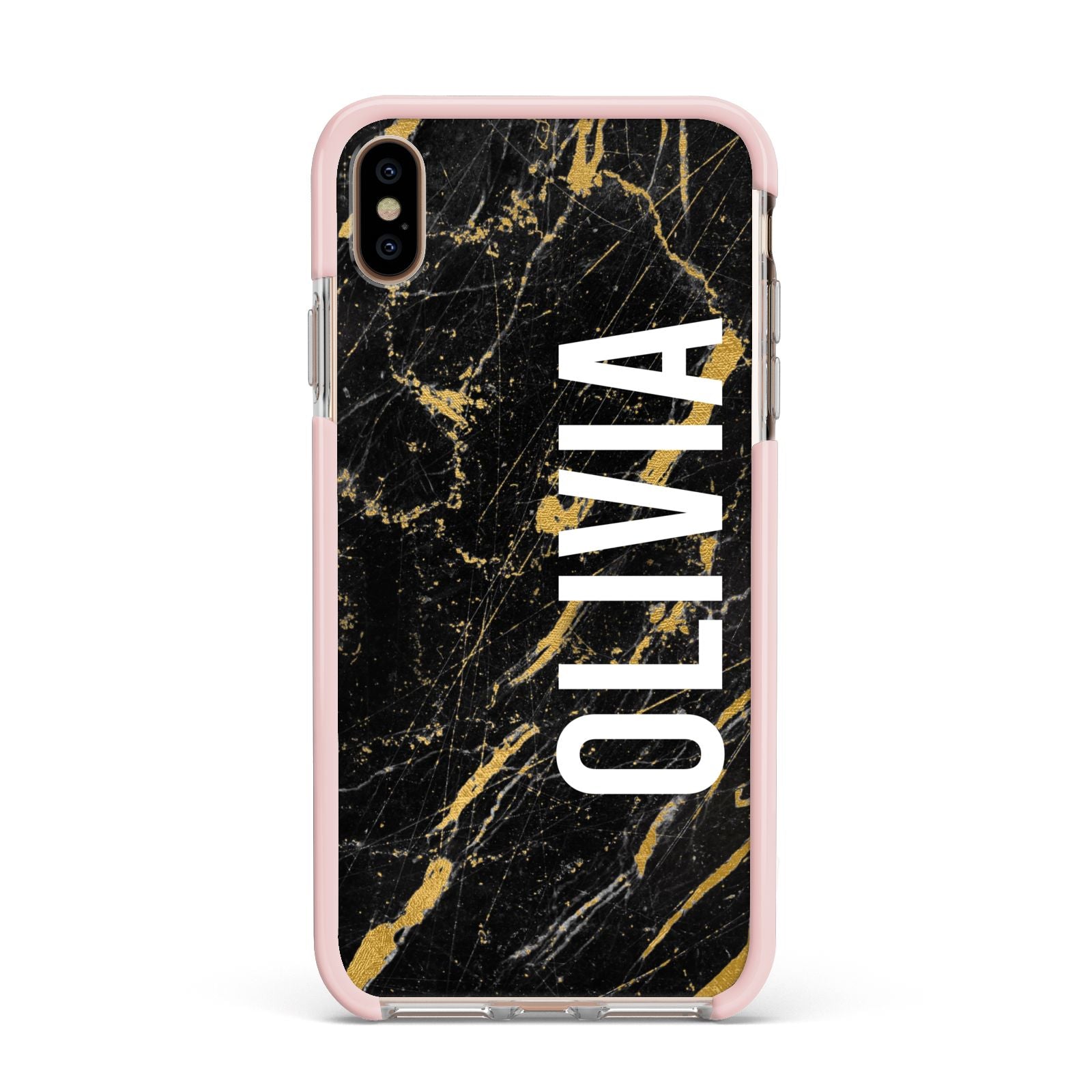 Personalised Black Gold Marble Name Apple iPhone Xs Max Impact Case Pink Edge on Gold Phone