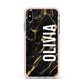 Personalised Black Gold Marble Name Apple iPhone Xs Max Impact Case Pink Edge on Silver Phone