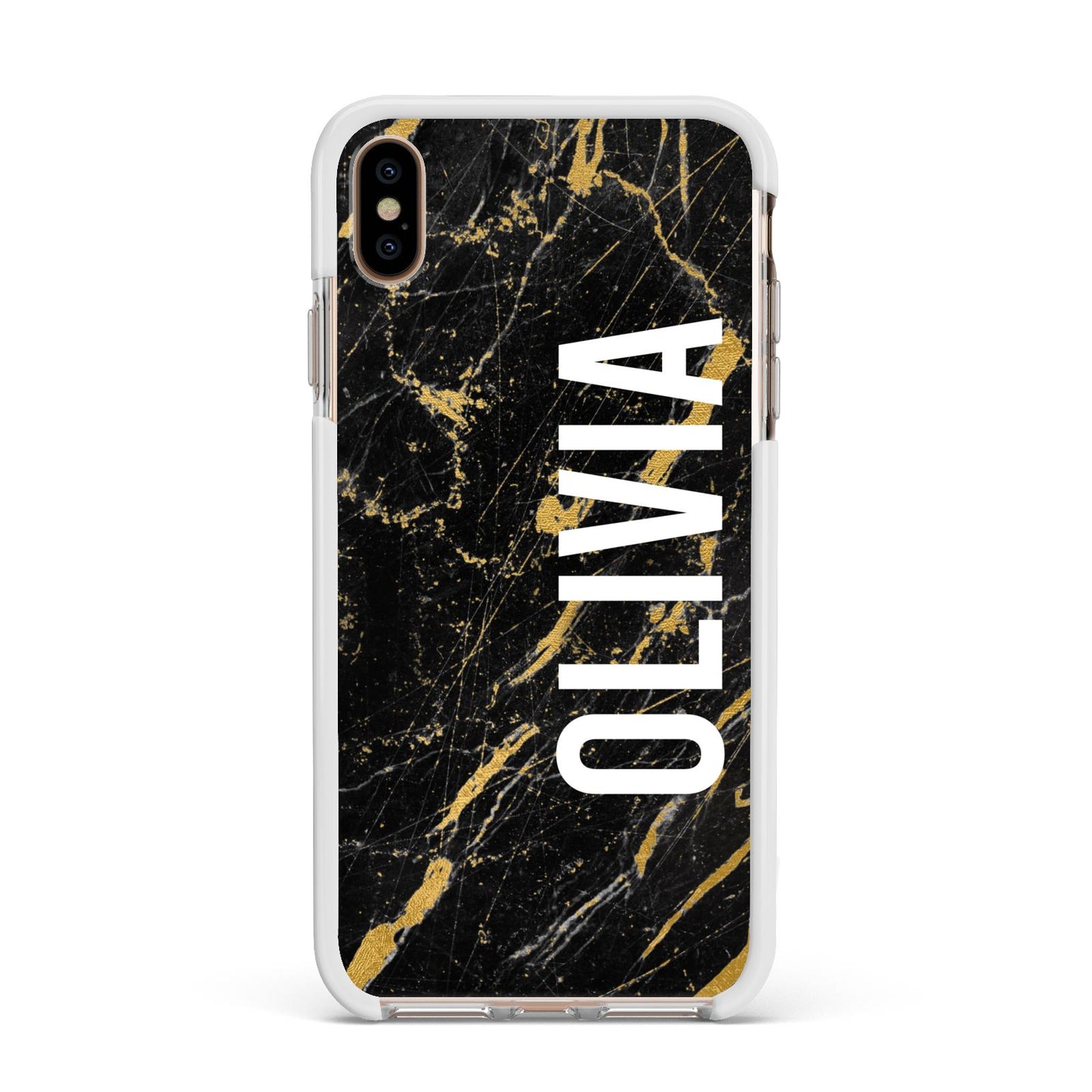 Personalised Black Gold Marble Name Apple iPhone Xs Max Impact Case White Edge on Gold Phone