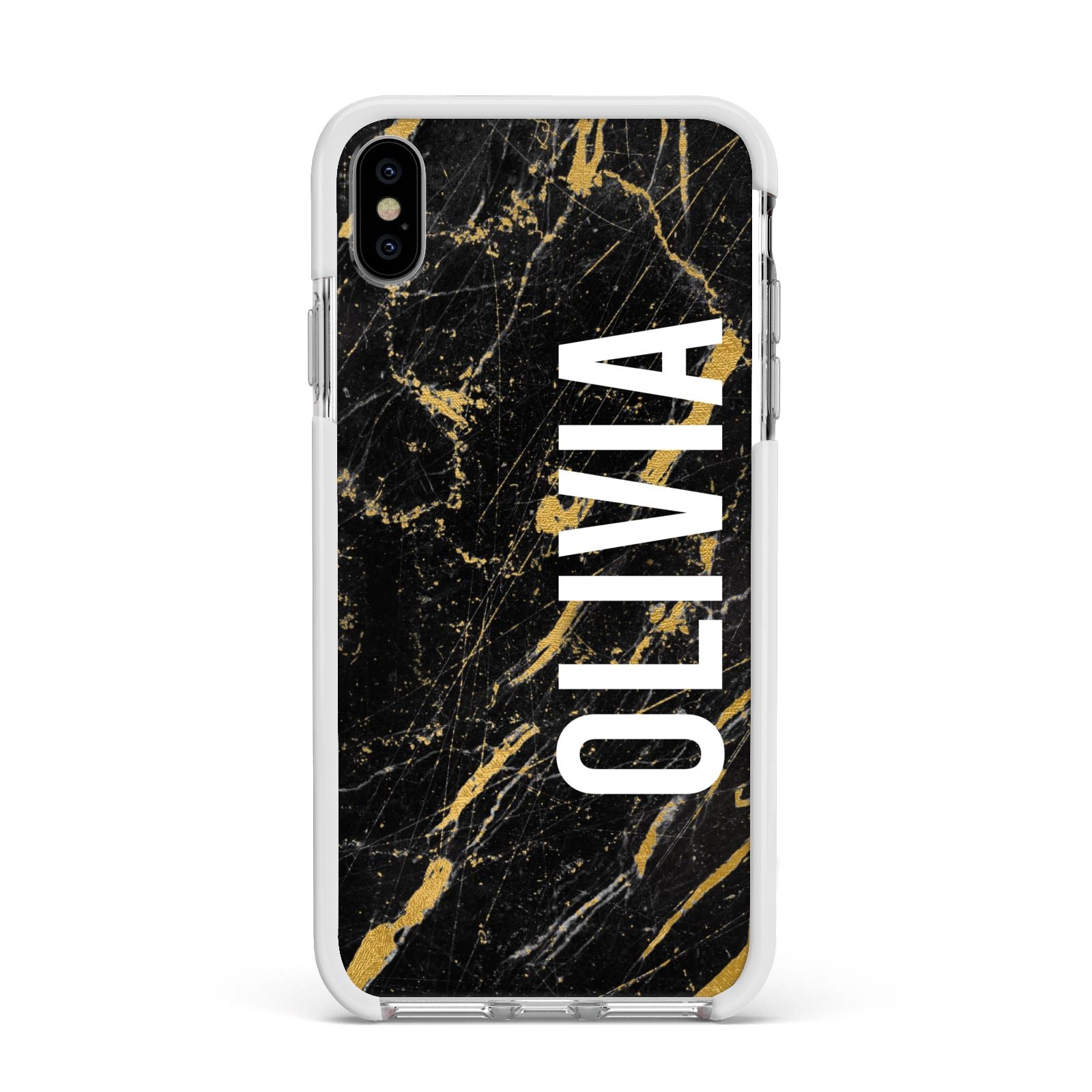 Personalised Black Gold Marble Name Apple iPhone Xs Max Impact Case White Edge on Silver Phone