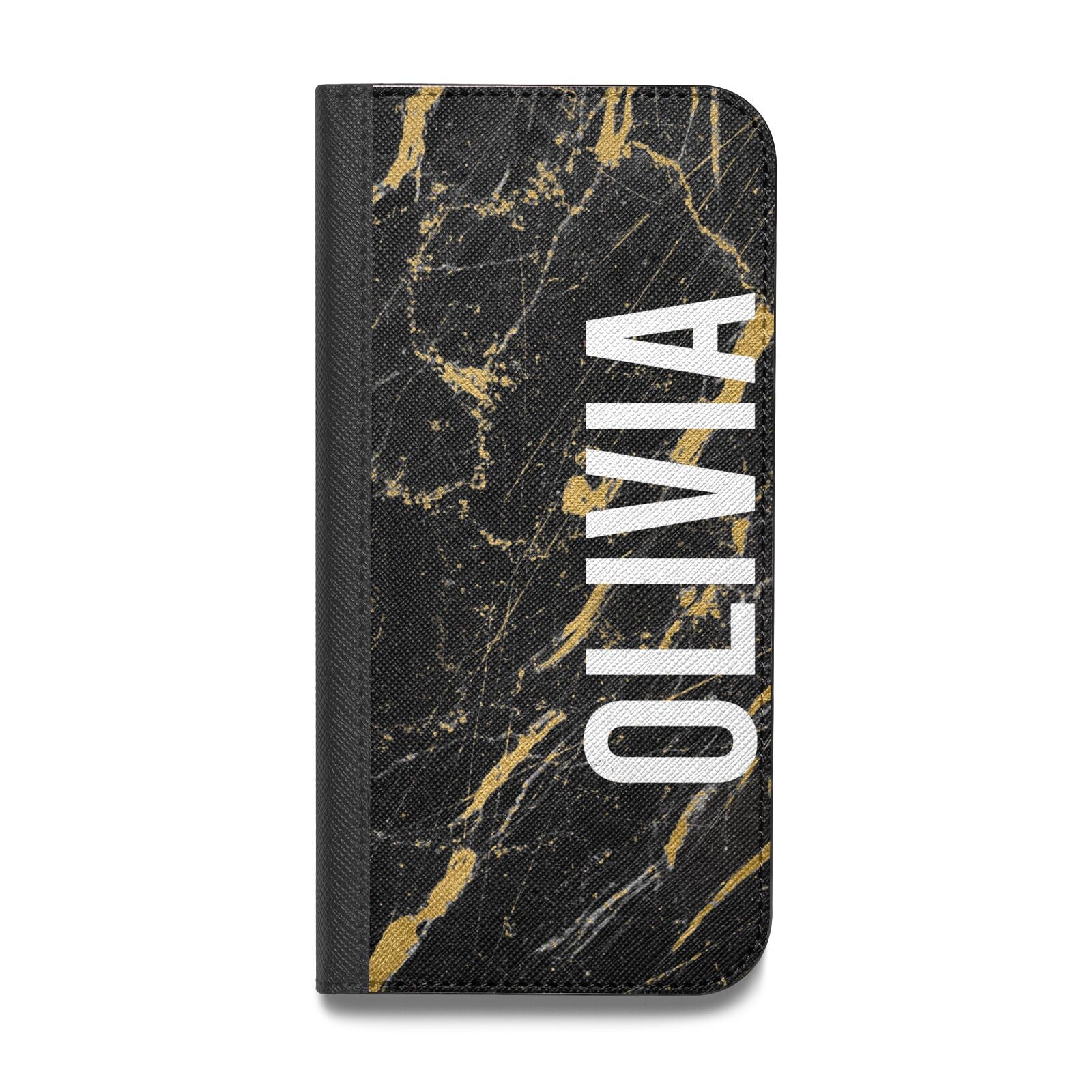 Personalised Black Gold Marble Name Vegan Leather Flip Samsung Case