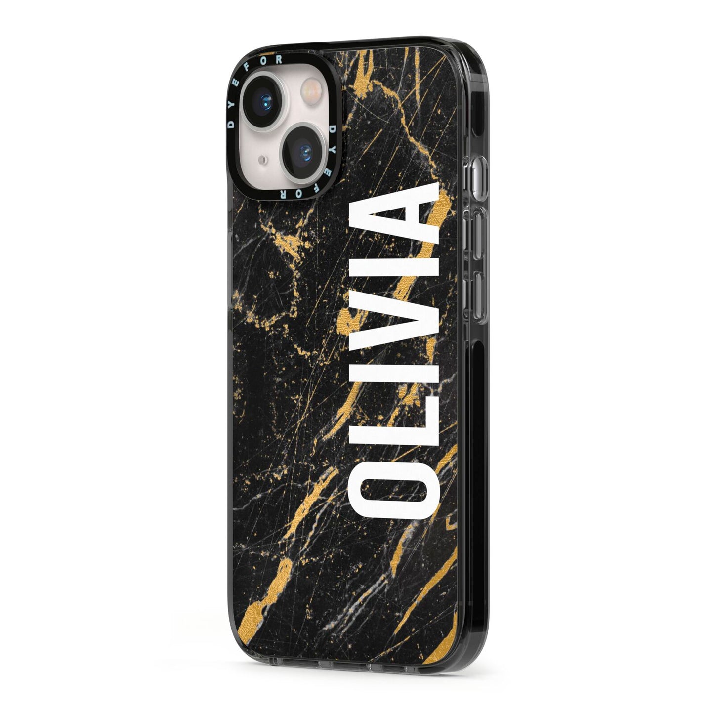 Personalised Black Gold Marble Name iPhone 13 Black Impact Case Side Angle on Silver phone