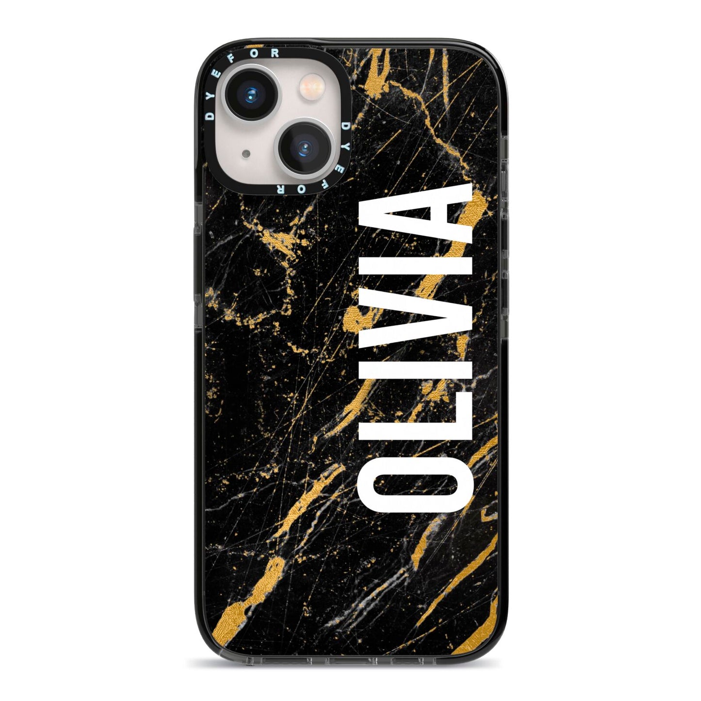 Personalised Black Gold Marble Name iPhone 13 Black Impact Case on Silver phone