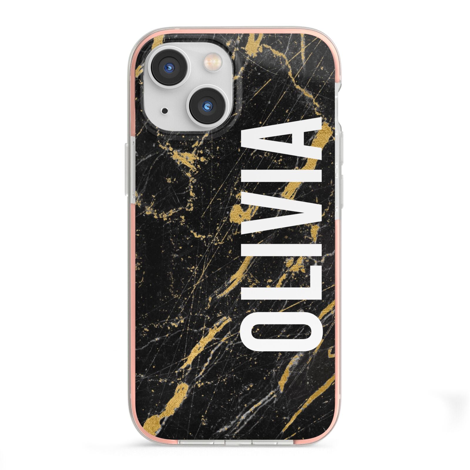 Personalised Black Gold Marble Name iPhone 13 Mini TPU Impact Case with Pink Edges