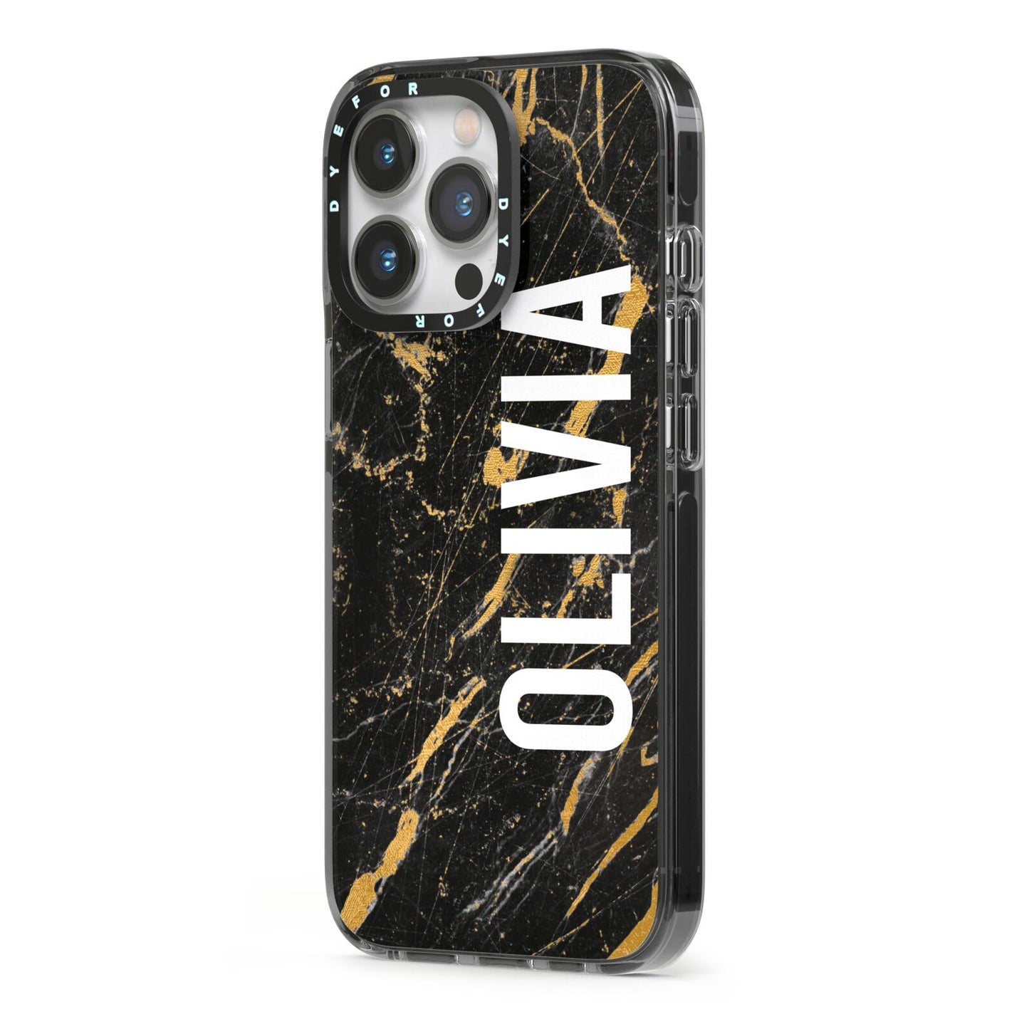 Personalised Black Gold Marble Name iPhone 13 Pro Black Impact Case Side Angle on Silver phone