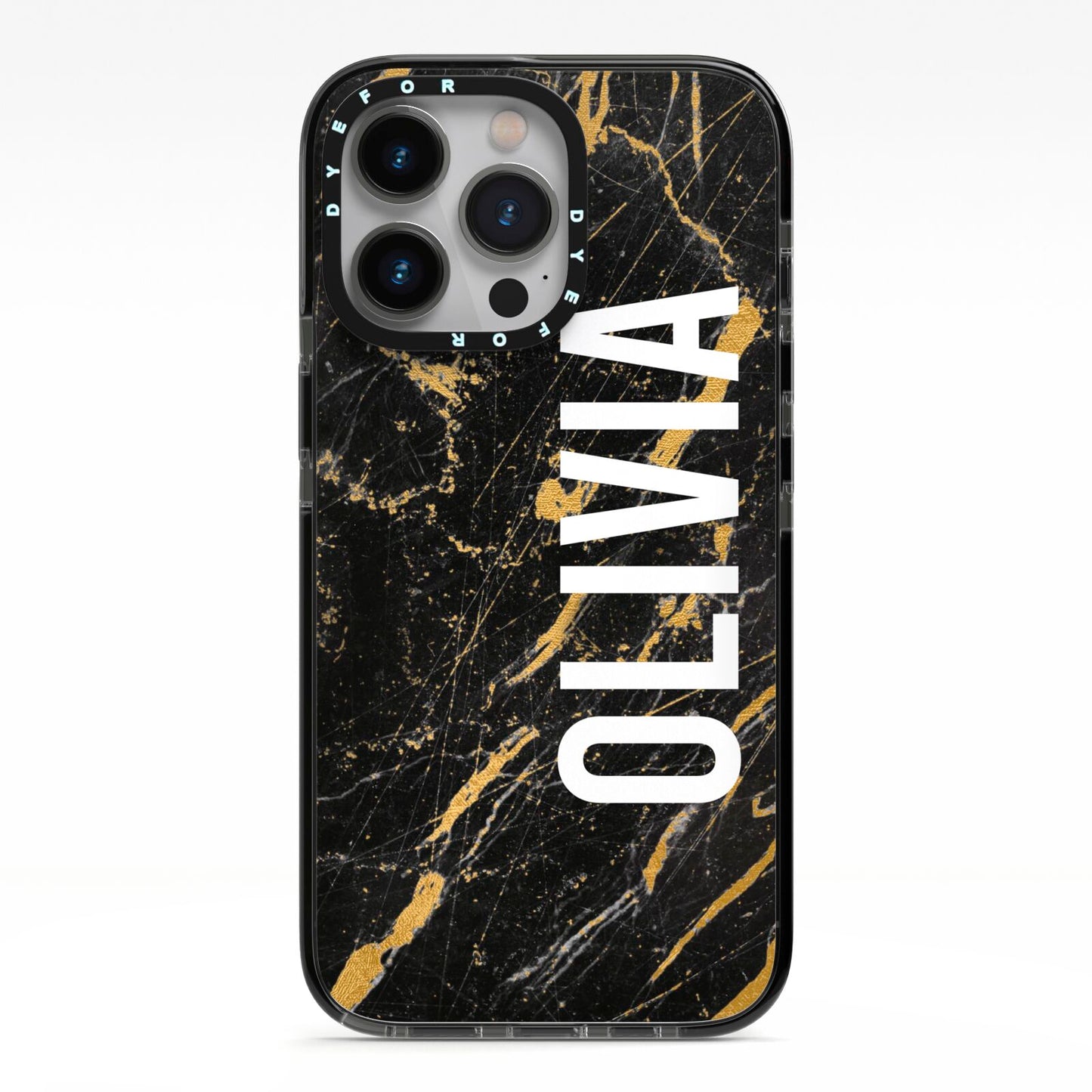 Personalised Black Gold Marble Name iPhone 13 Pro Black Impact Case on Silver phone
