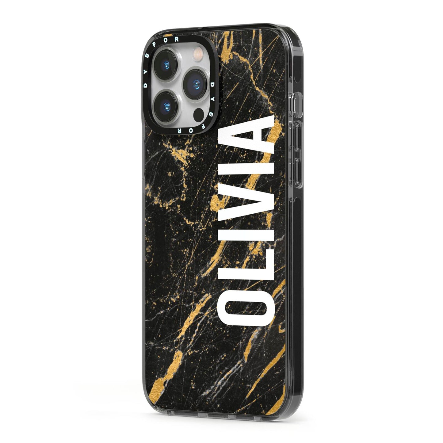 Personalised Black Gold Marble Name iPhone 13 Pro Max Black Impact Case Side Angle on Silver phone
