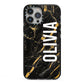Personalised Black Gold Marble Name iPhone 13 Pro Max Black Impact Case on Silver phone