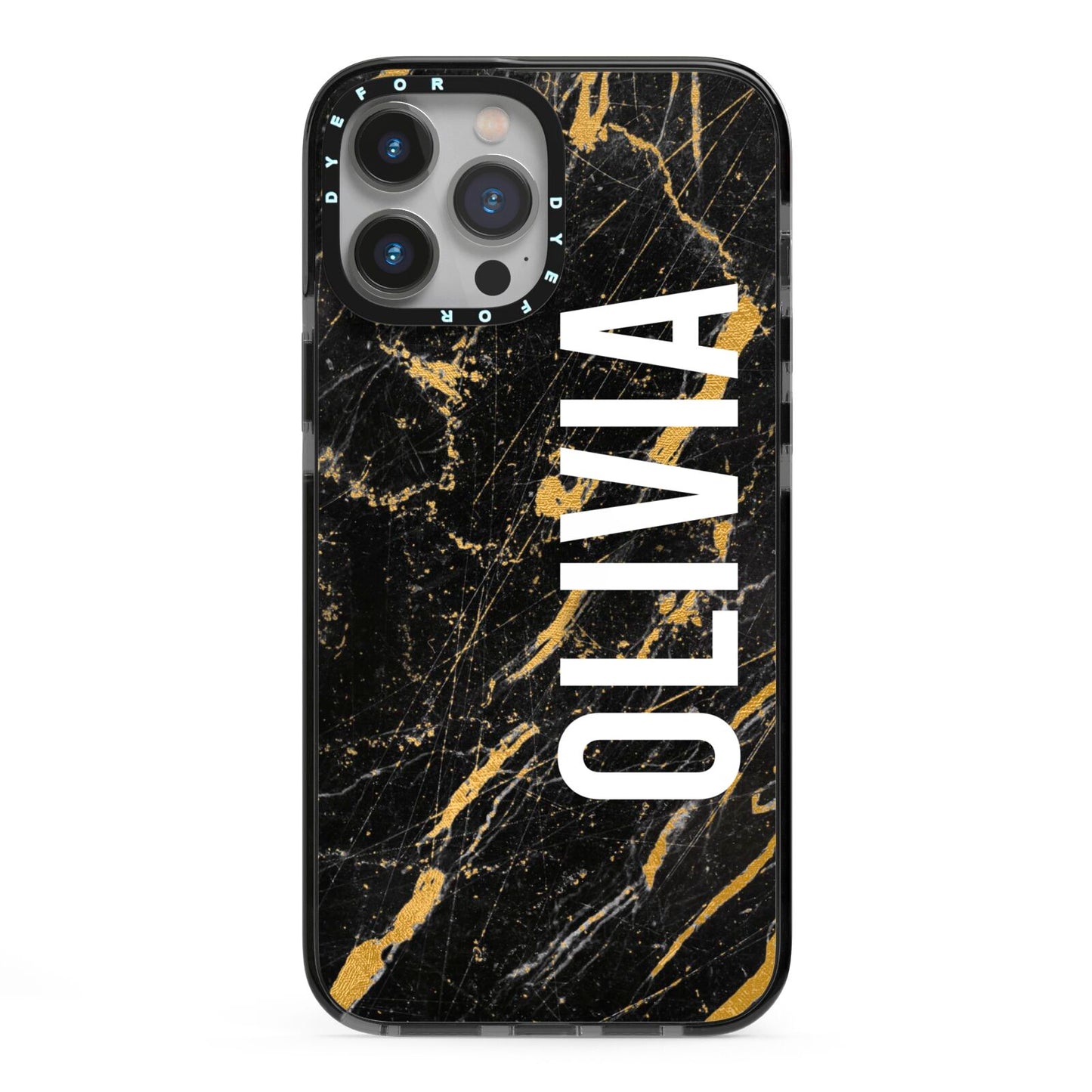 Personalised Black Gold Marble Name iPhone 13 Pro Max Black Impact Case on Silver phone