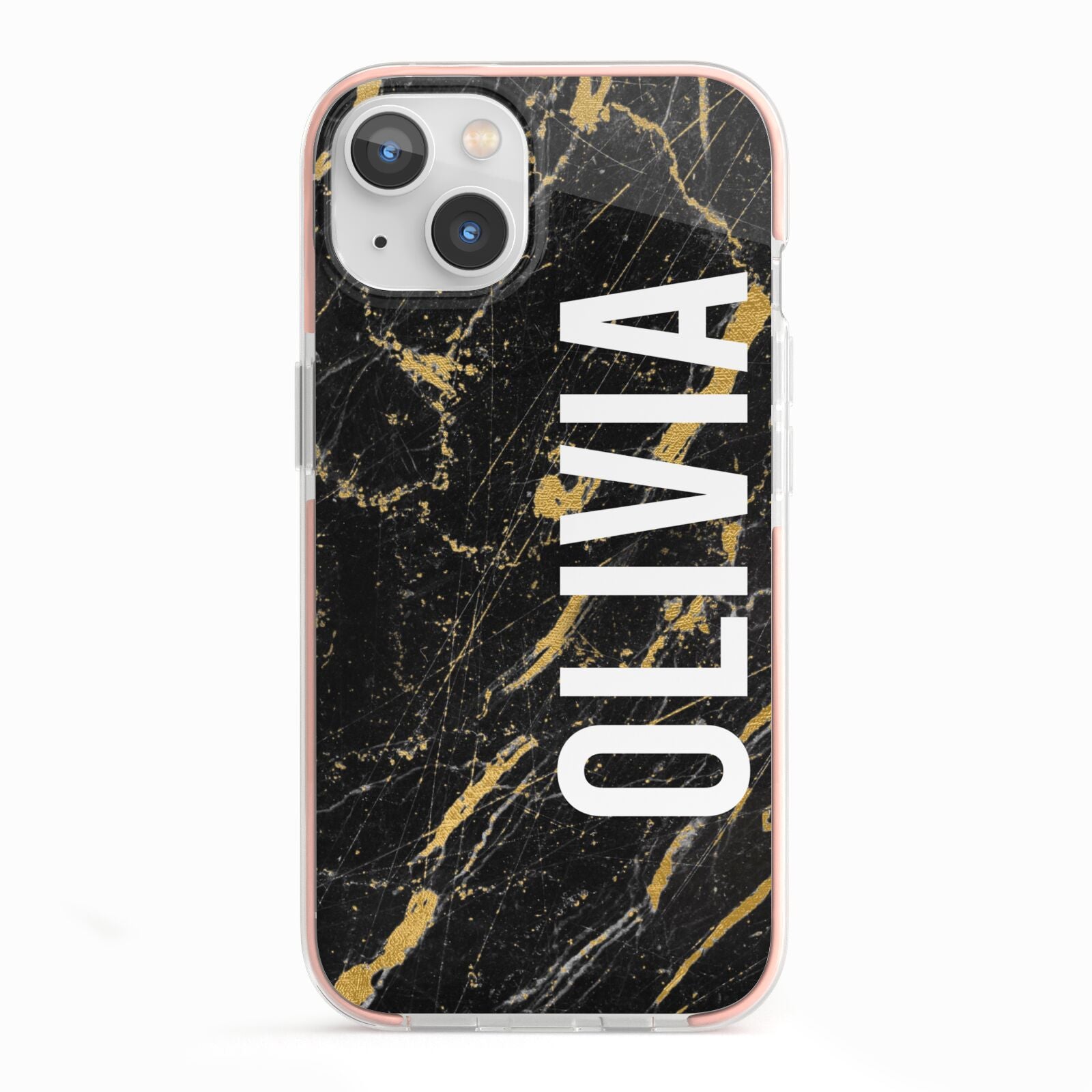 Personalised Black Gold Marble Name iPhone 13 TPU Impact Case with Pink Edges