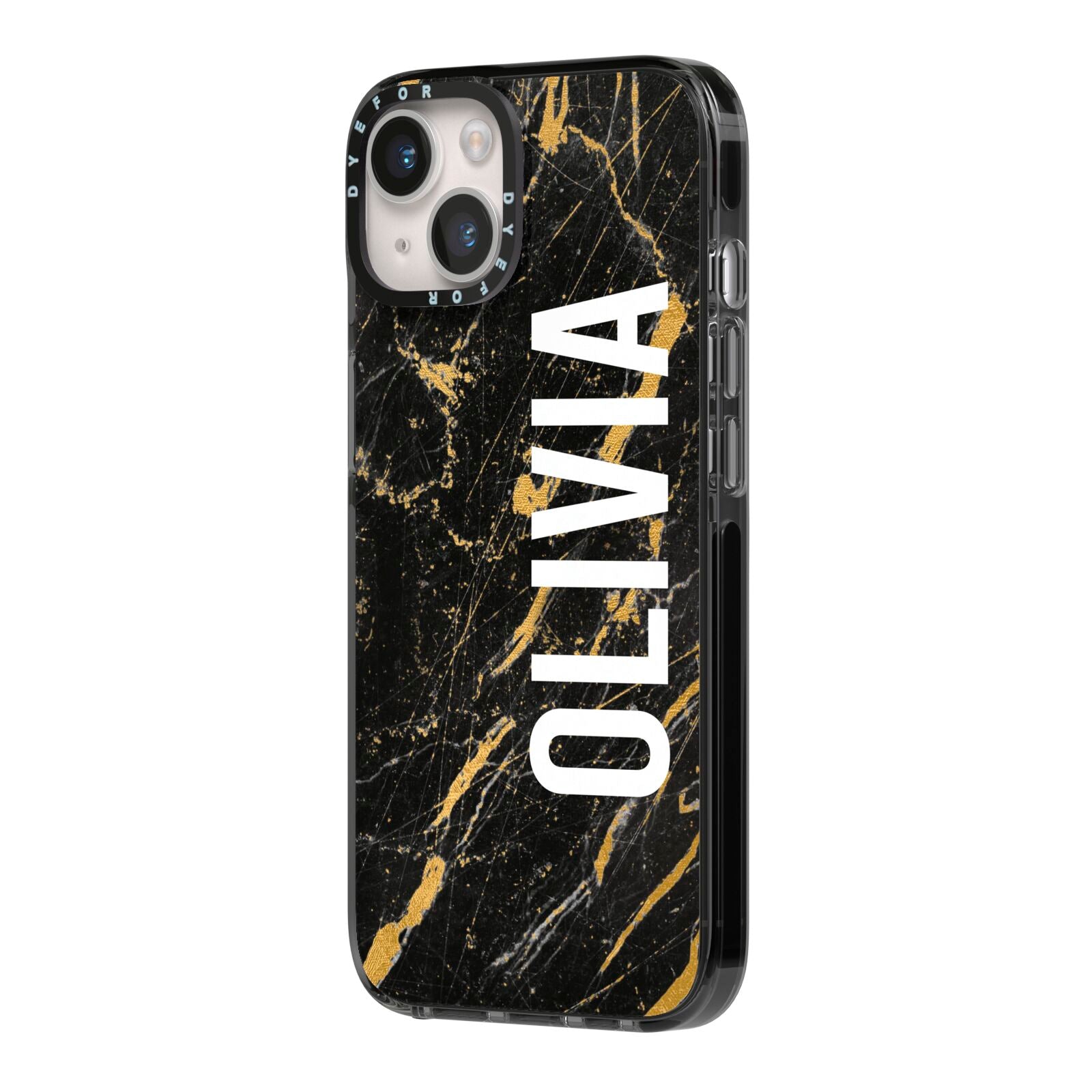 Personalised Black Gold Marble Name iPhone 14 Black Impact Case Side Angle on Silver phone