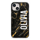 Personalised Black Gold Marble Name iPhone 14 Black Impact Case on Silver phone