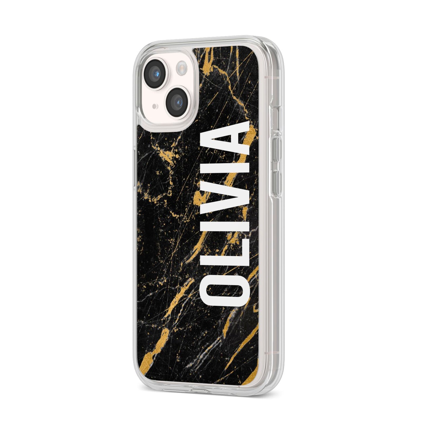 Personalised Black Gold Marble Name iPhone 14 Clear Tough Case Starlight Angled Image