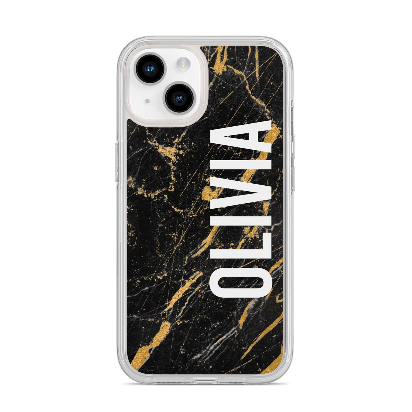 Personalised Black Gold Marble Name iPhone 14 Clear Tough Case Starlight