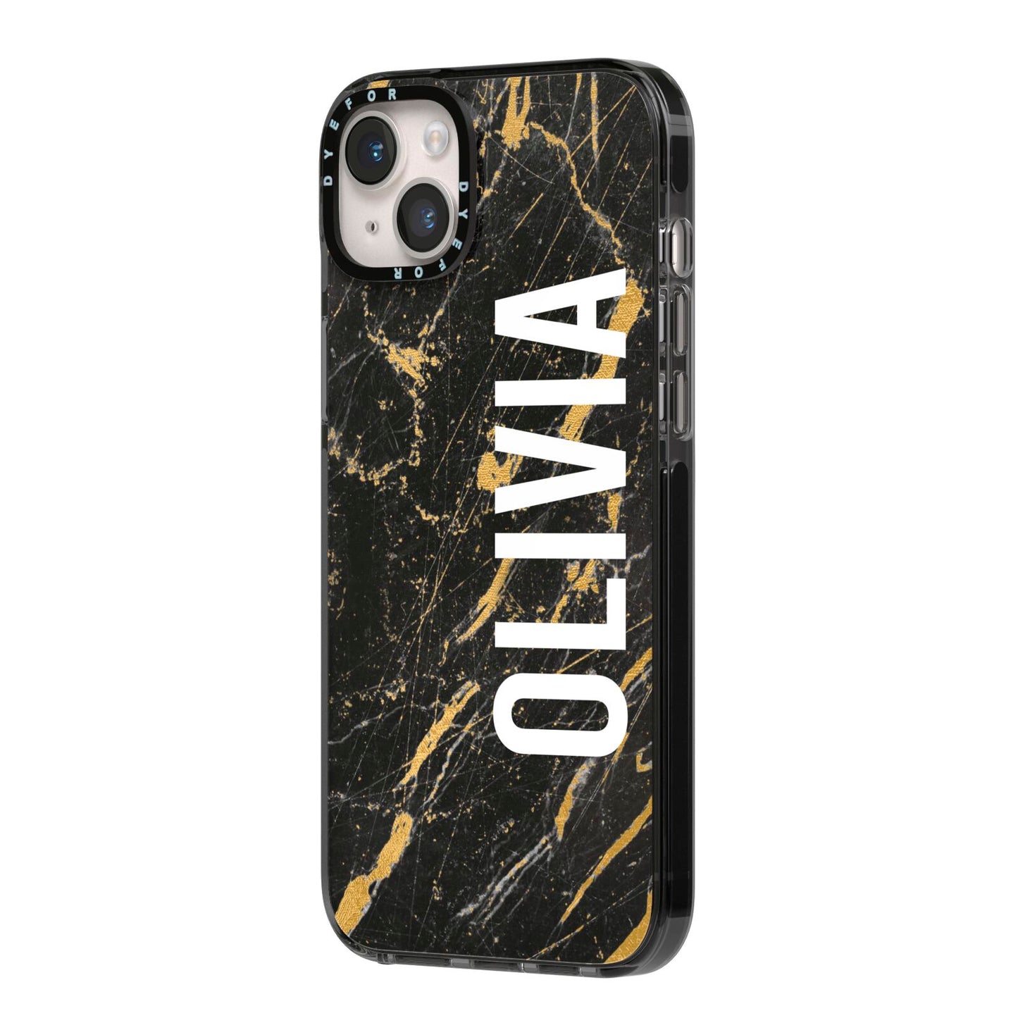 Personalised Black Gold Marble Name iPhone 14 Plus Black Impact Case Side Angle on Silver phone