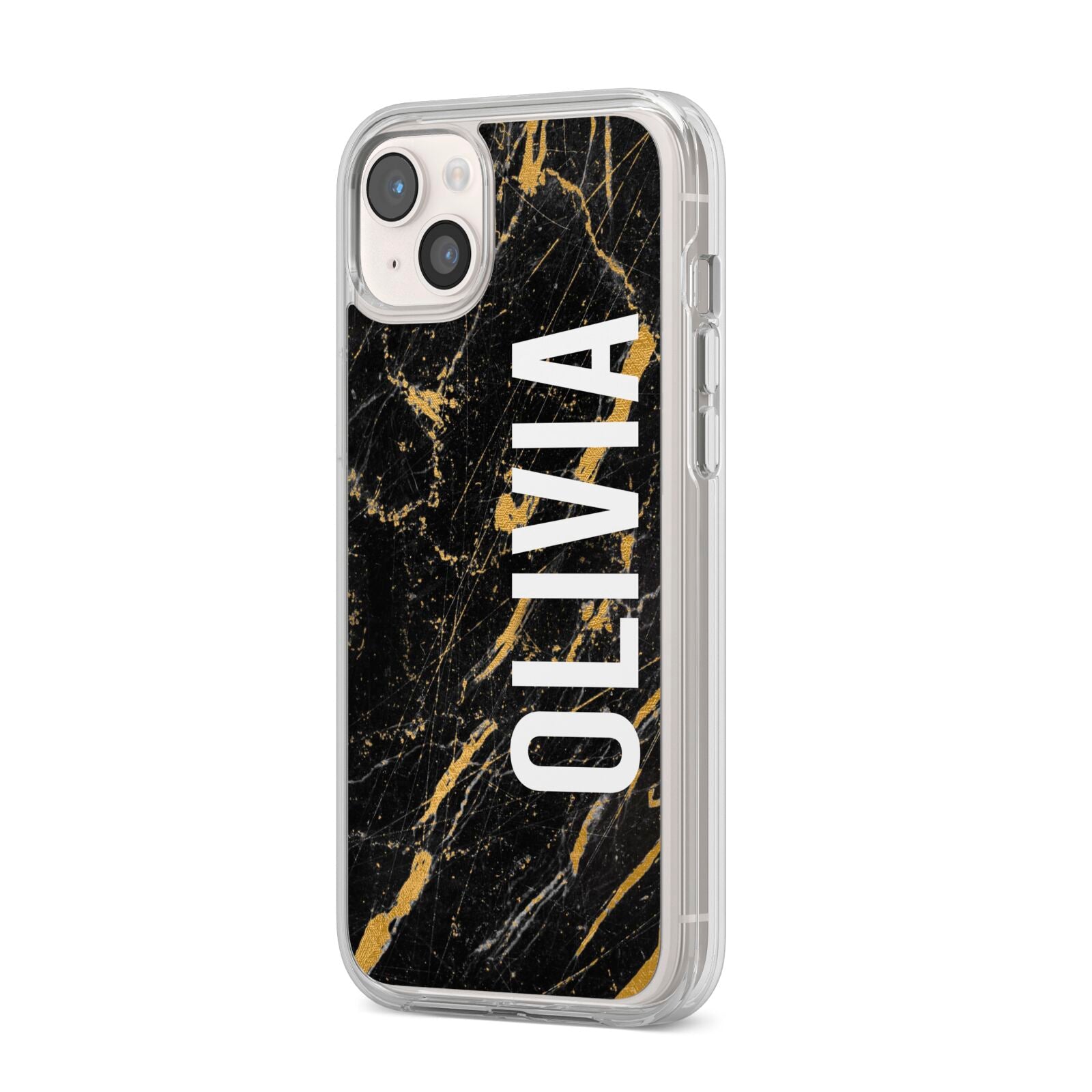 Personalised Black Gold Marble Name iPhone 14 Plus Clear Tough Case Starlight Angled Image