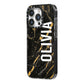 Personalised Black Gold Marble Name iPhone 14 Pro Black Impact Case Side Angle on Silver phone