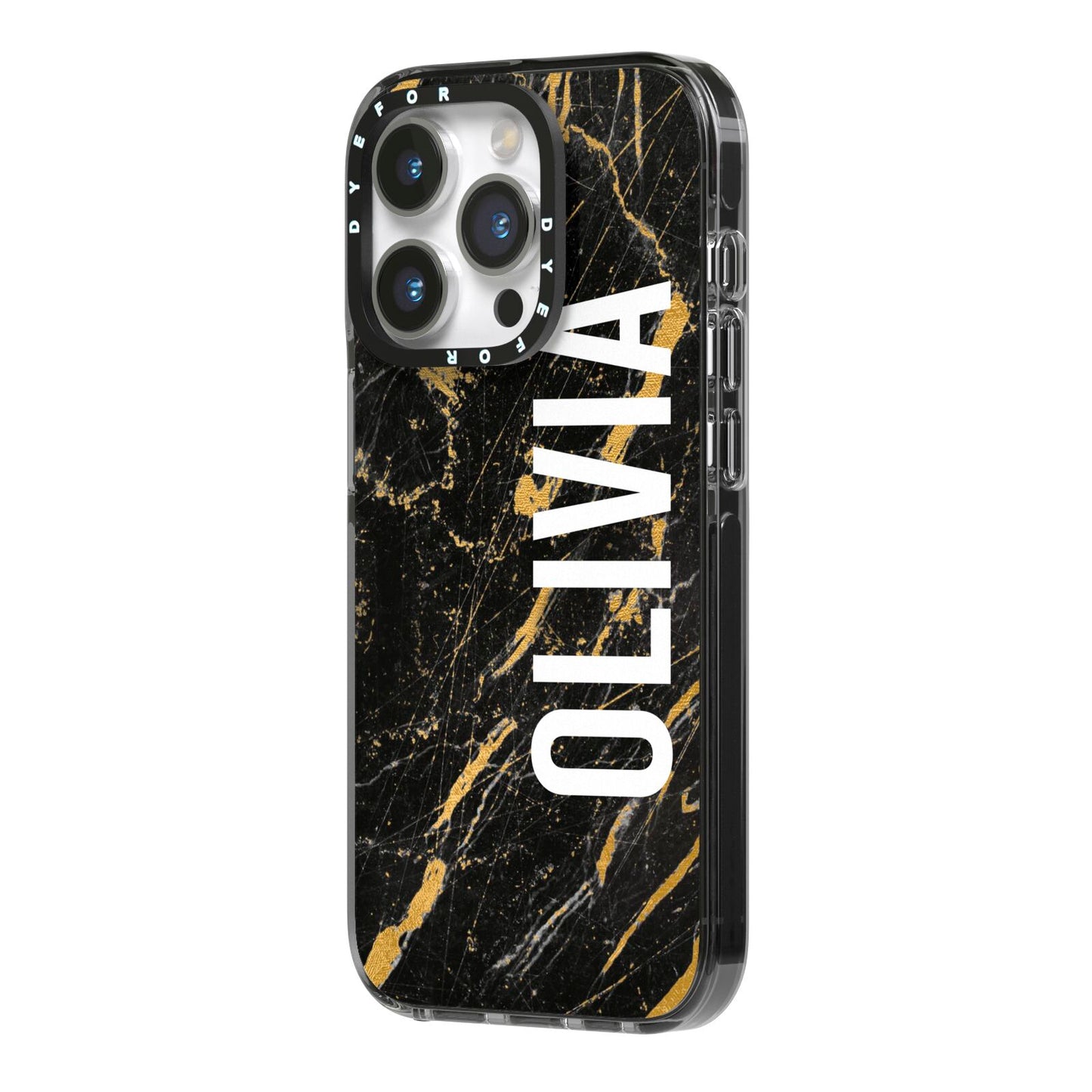 Personalised Black Gold Marble Name iPhone 14 Pro Black Impact Case Side Angle on Silver phone