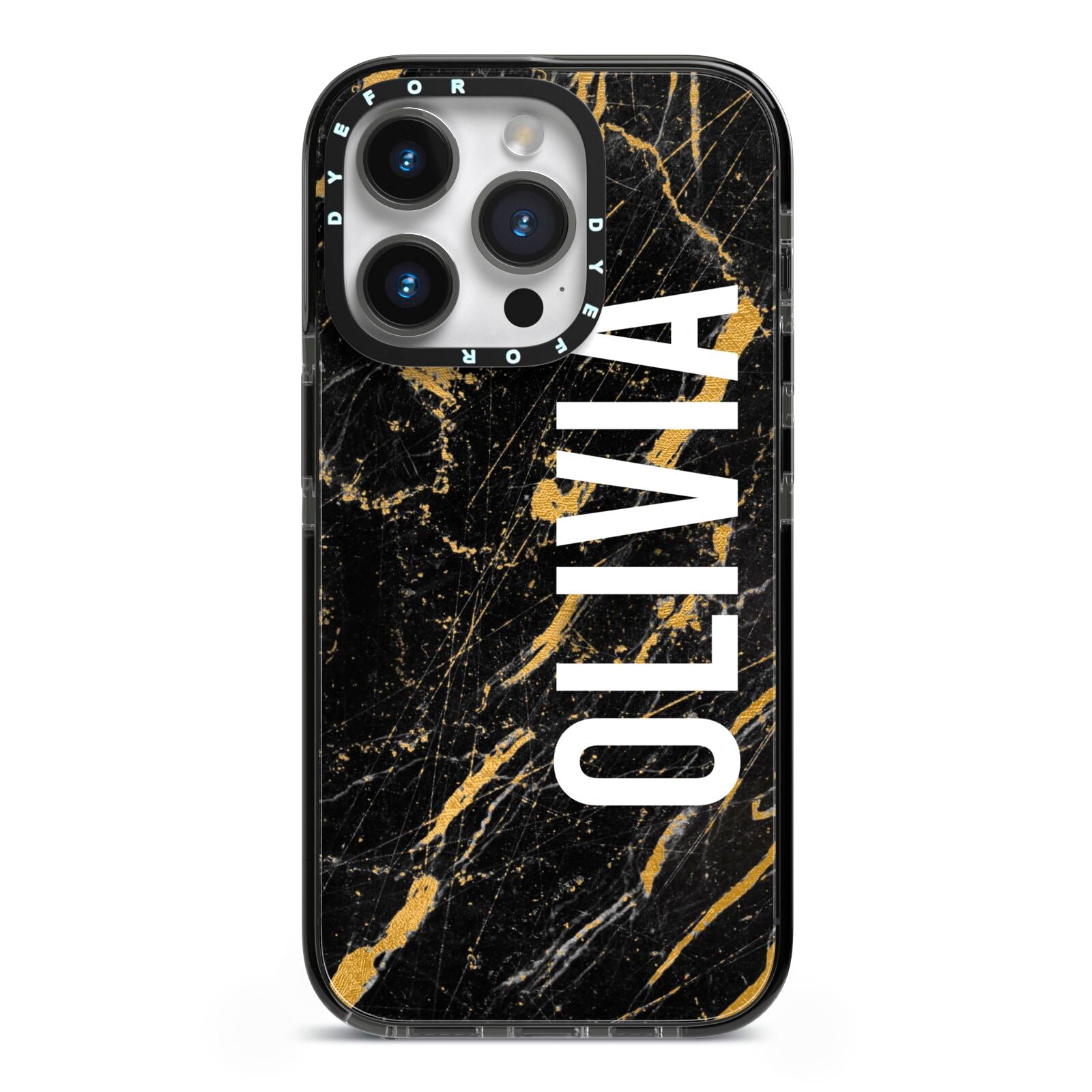 Personalised Black Gold Marble Name iPhone 14 Pro Black Impact Case on Silver phone