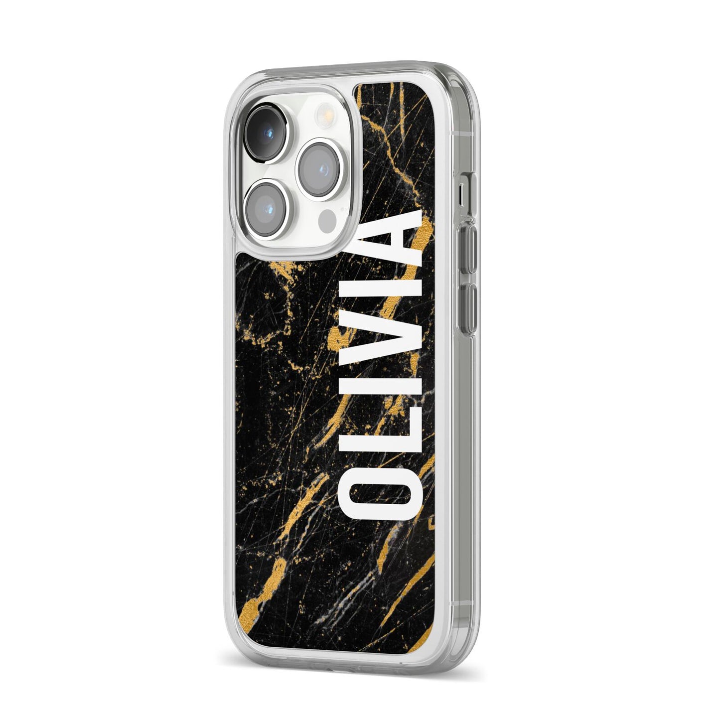 Personalised Black Gold Marble Name iPhone 14 Pro Clear Tough Case Silver Angled Image