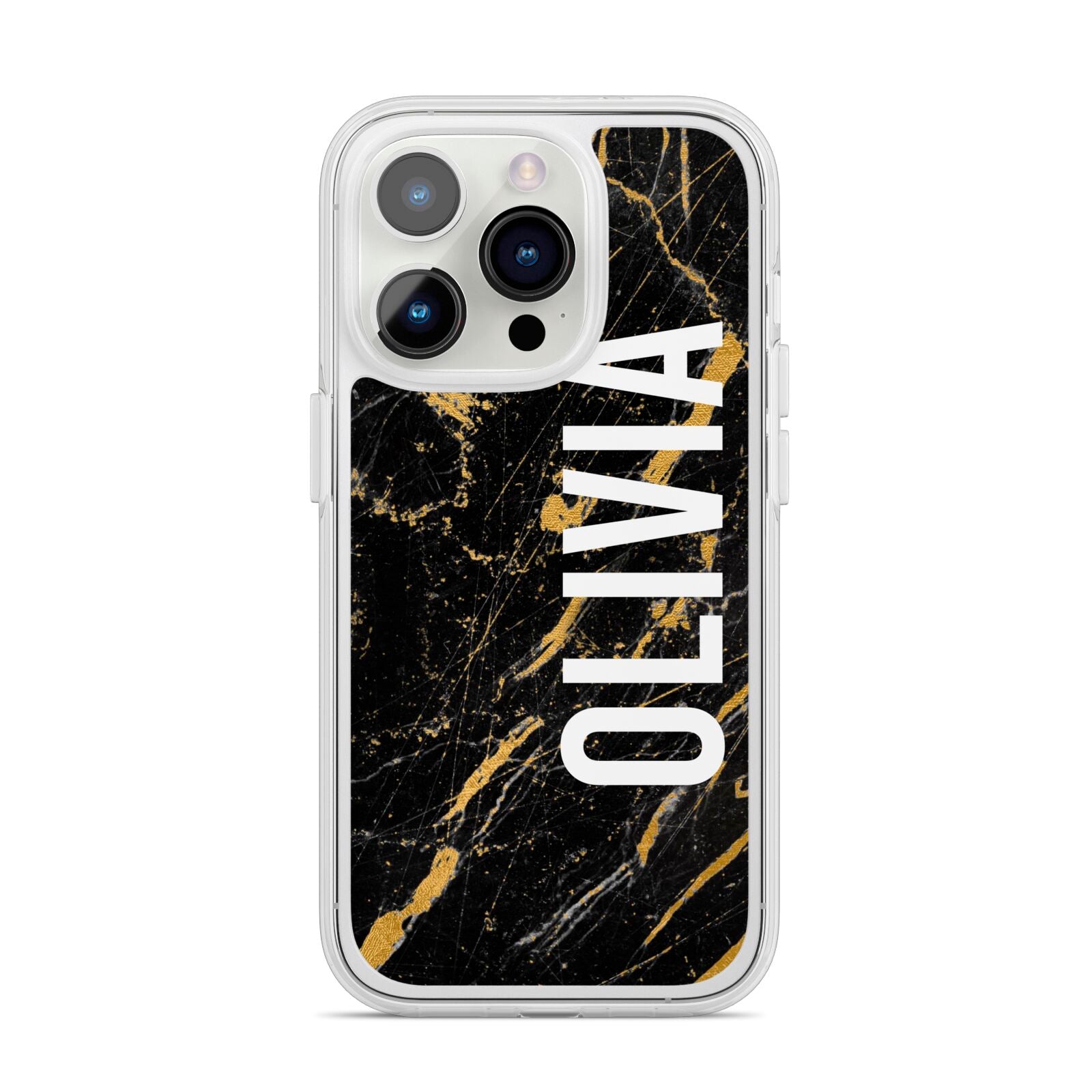 Personalised Black Gold Marble Name iPhone 14 Pro Clear Tough Case Silver
