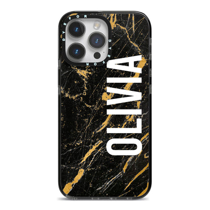 Personalised Black Gold Marble Name iPhone 14 Pro Max Black Impact Case on Silver phone