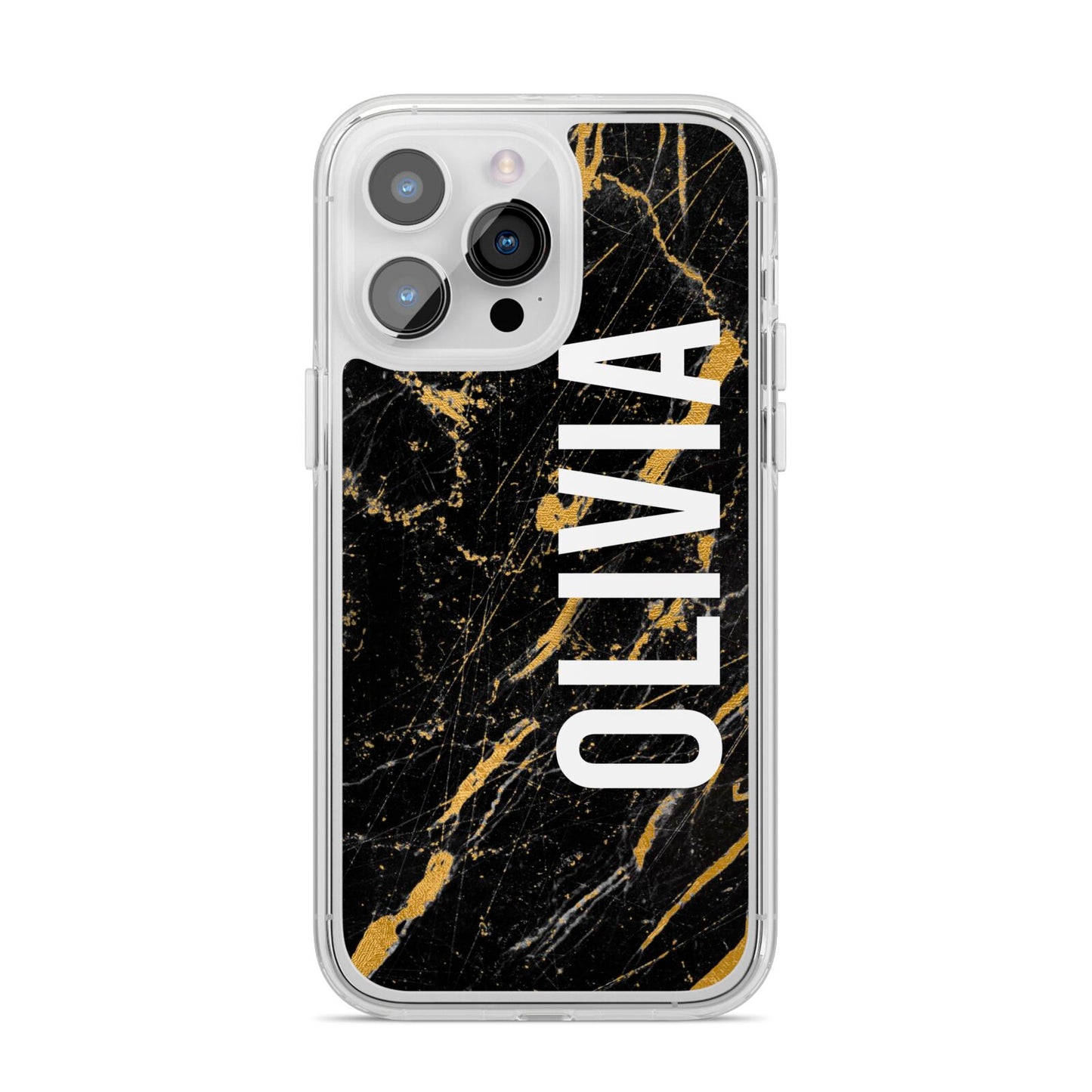 Personalised Black Gold Marble Name iPhone 14 Pro Max Clear Tough Case Silver