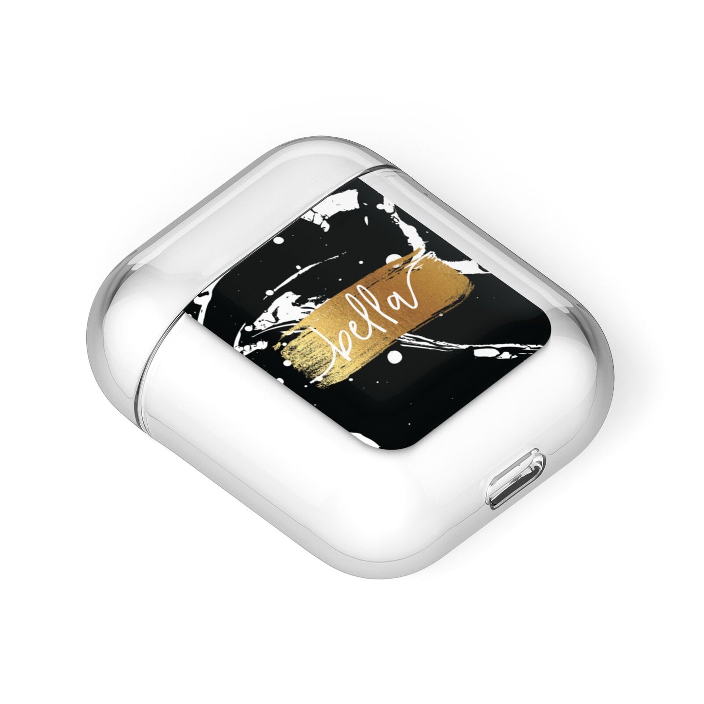 Personalised Black Gold Swirl Marble AirPods Case Laid Flat