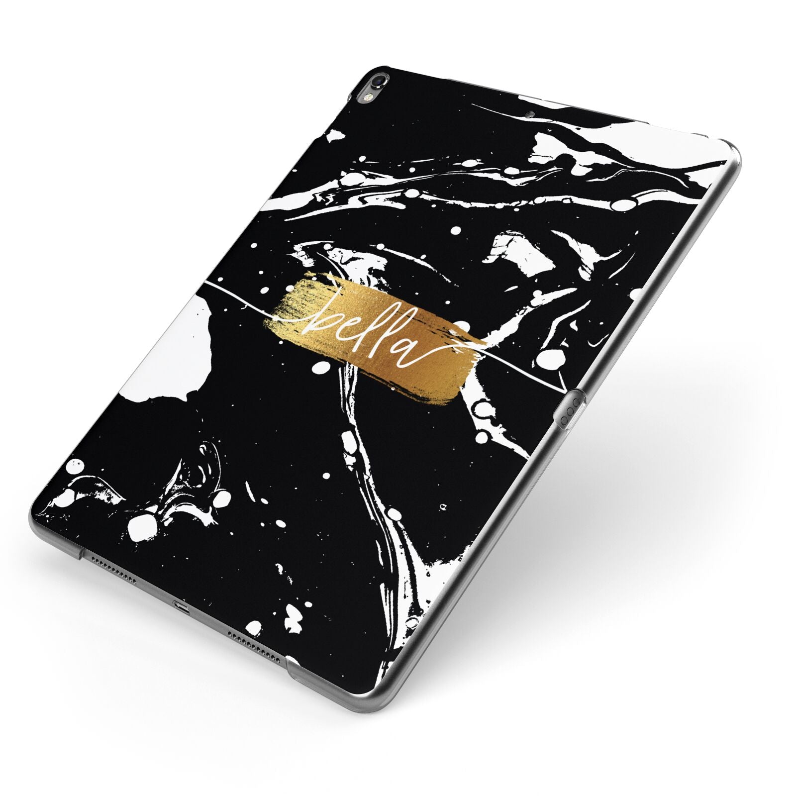 Personalised Black Gold Swirl Marble Apple iPad Case on Grey iPad Side View