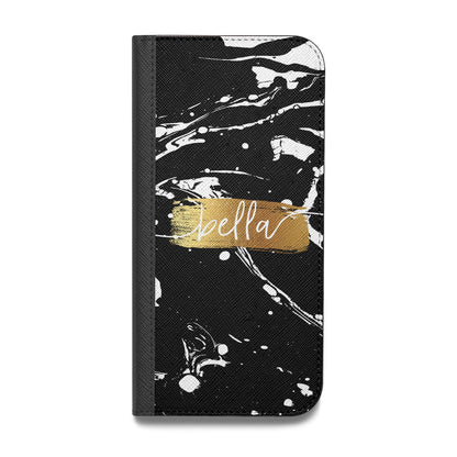 Personalised Black Gold Swirl Marble Vegan Leather Flip iPhone Case