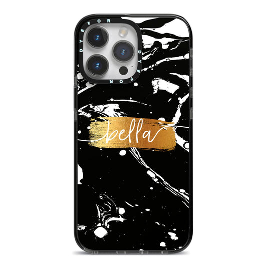 Personalised Black Gold Swirl Marble iPhone 14 Pro Max Black Impact Case on Silver phone