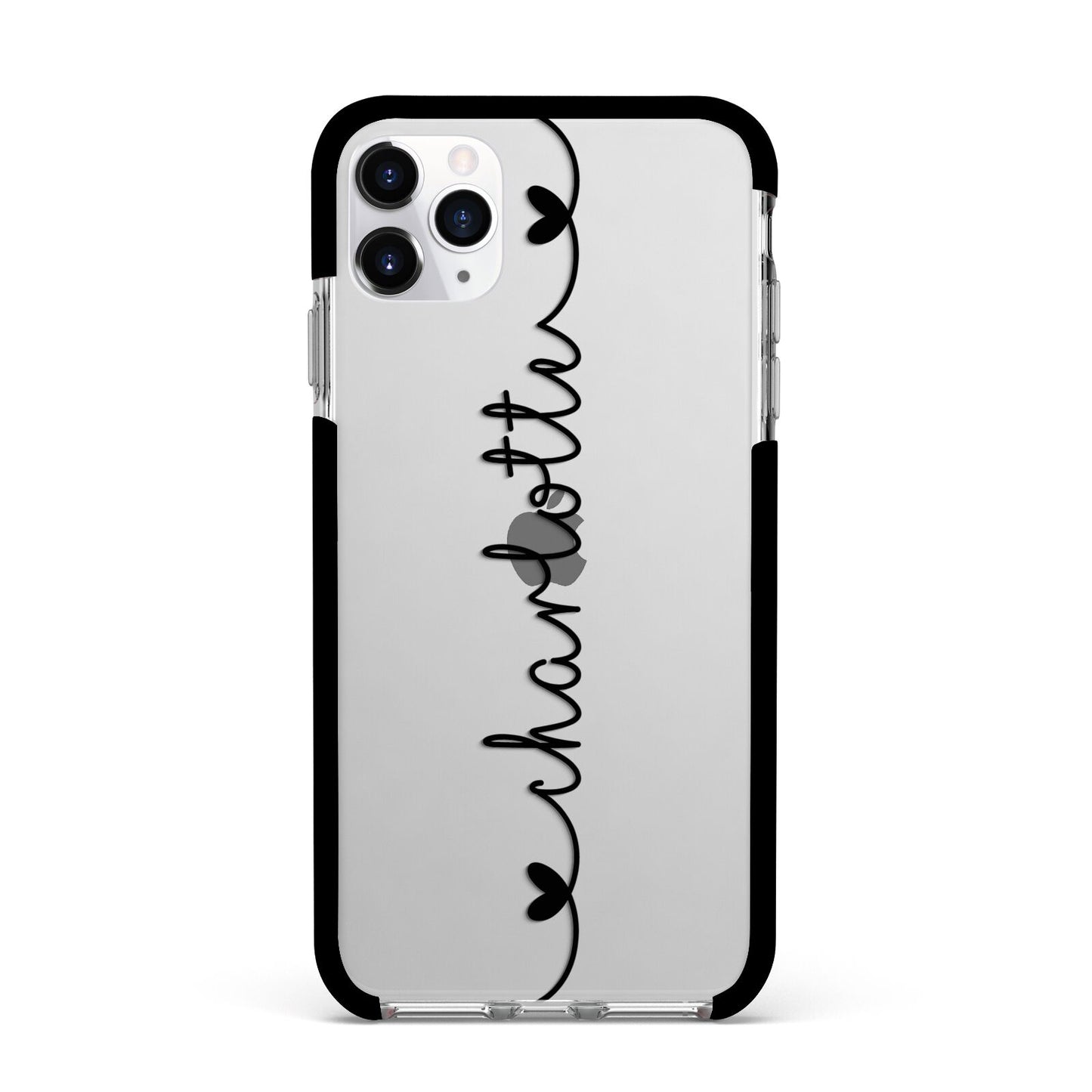 Personalised Black Handritten Name Vertical Apple iPhone 11 Pro Max in Silver with Black Impact Case