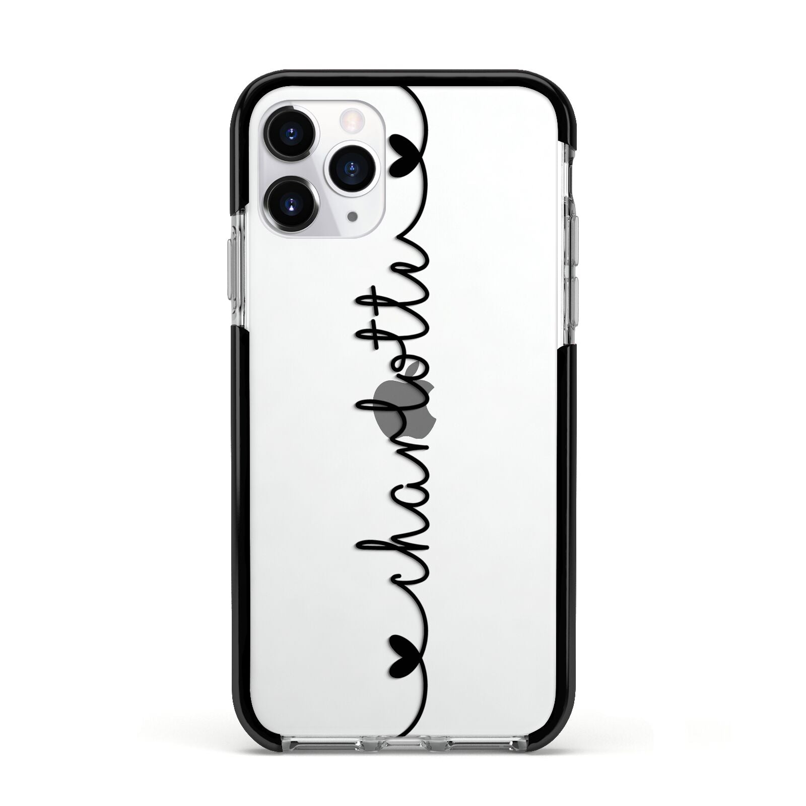 Personalised Black Handritten Name Vertical Apple iPhone 11 Pro in Silver with Black Impact Case
