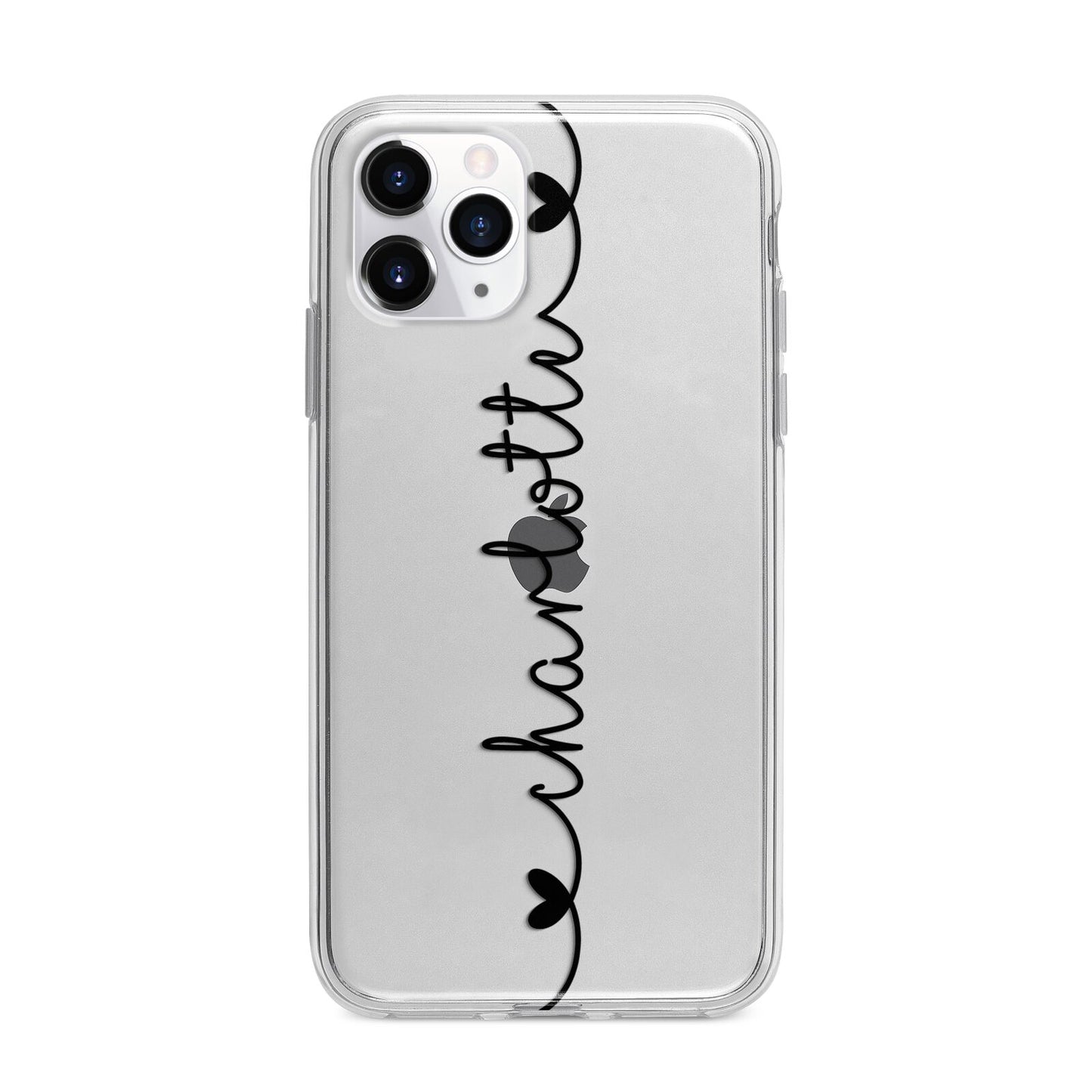Personalised Black Handritten Name Vertical Apple iPhone 11 Pro in Silver with Bumper Case
