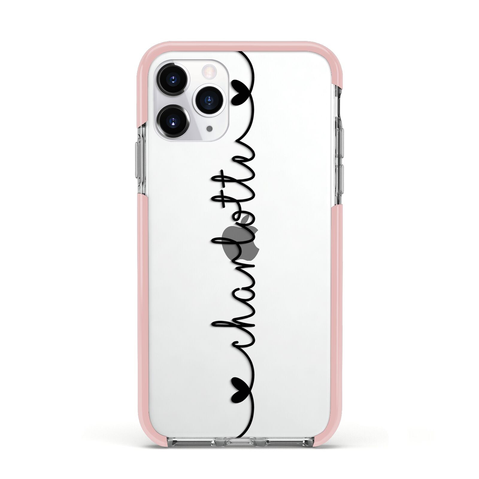 Personalised Black Handritten Name Vertical Apple iPhone 11 Pro in Silver with Pink Impact Case