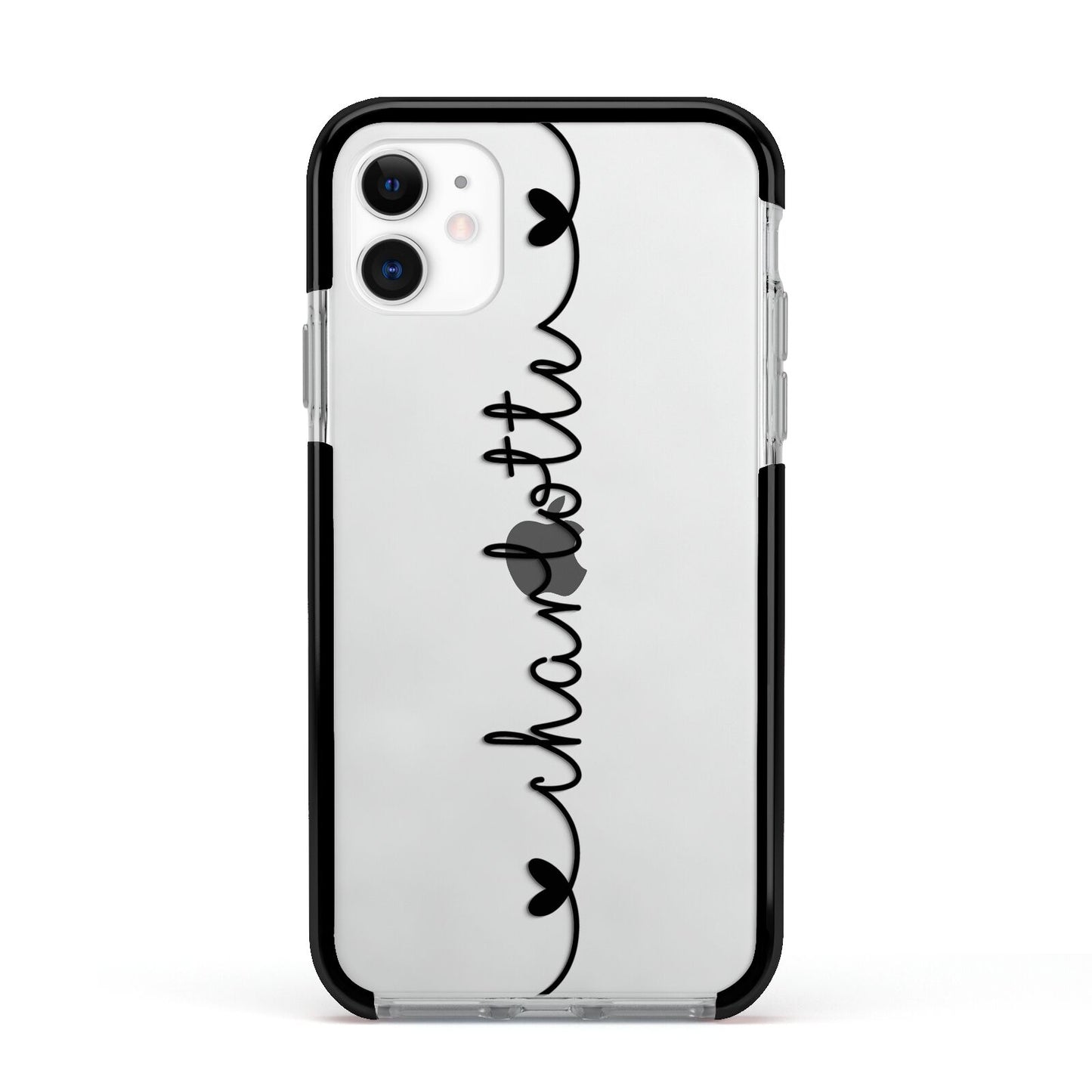 Personalised Black Handritten Name Vertical Apple iPhone 11 in White with Black Impact Case