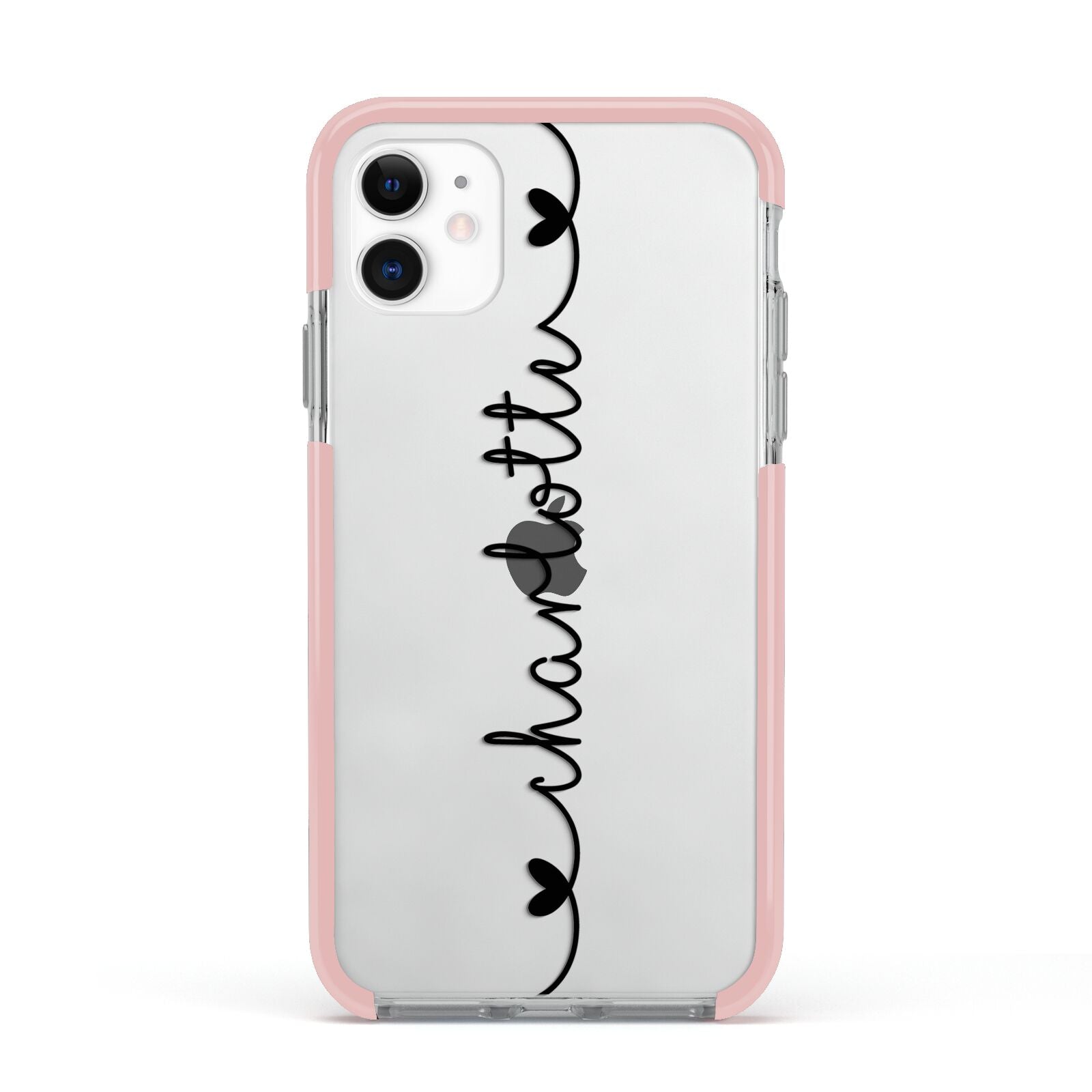 Personalised Black Handritten Name Vertical Apple iPhone 11 in White with Pink Impact Case
