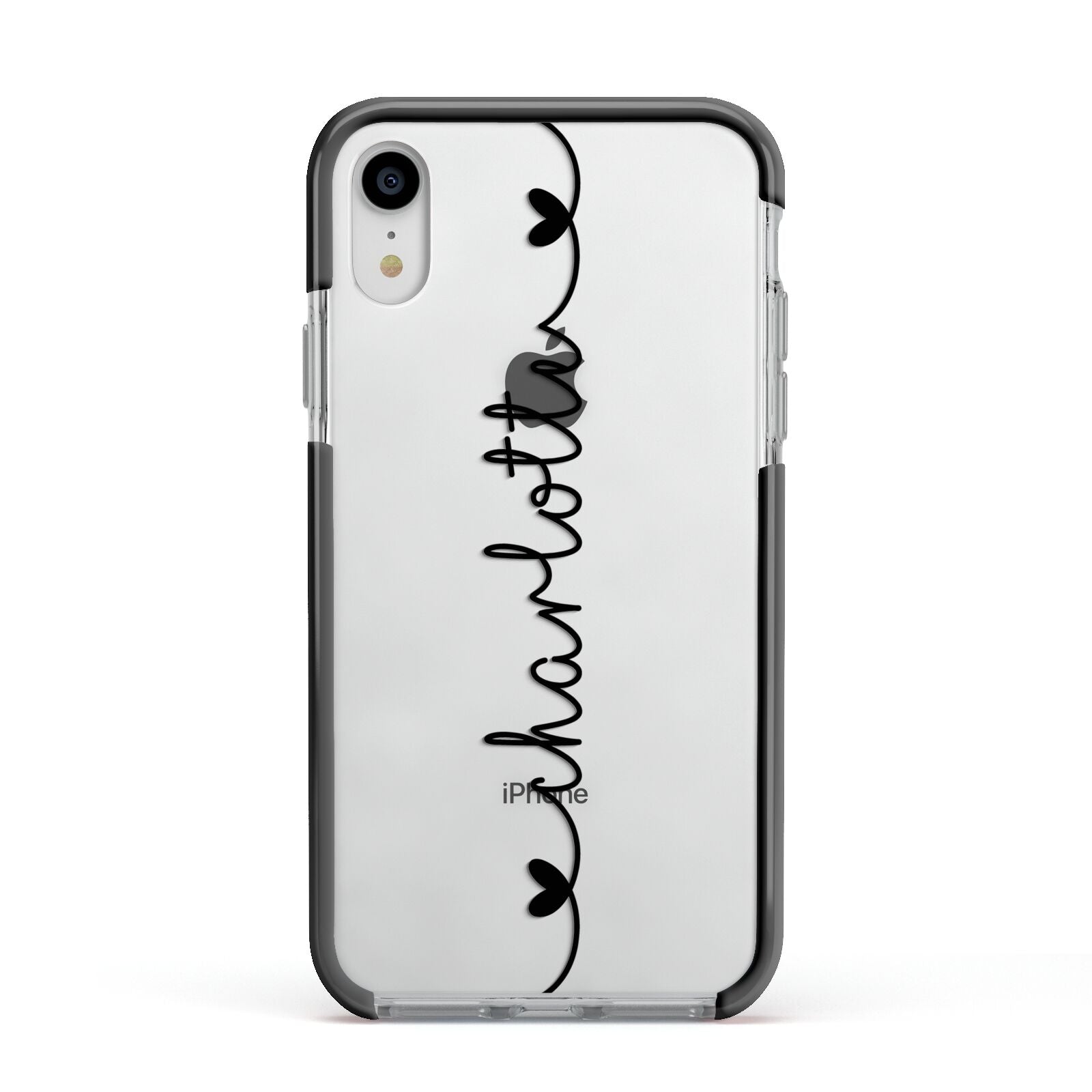 Personalised Black Handritten Name Vertical Apple iPhone XR Impact Case Black Edge on Silver Phone