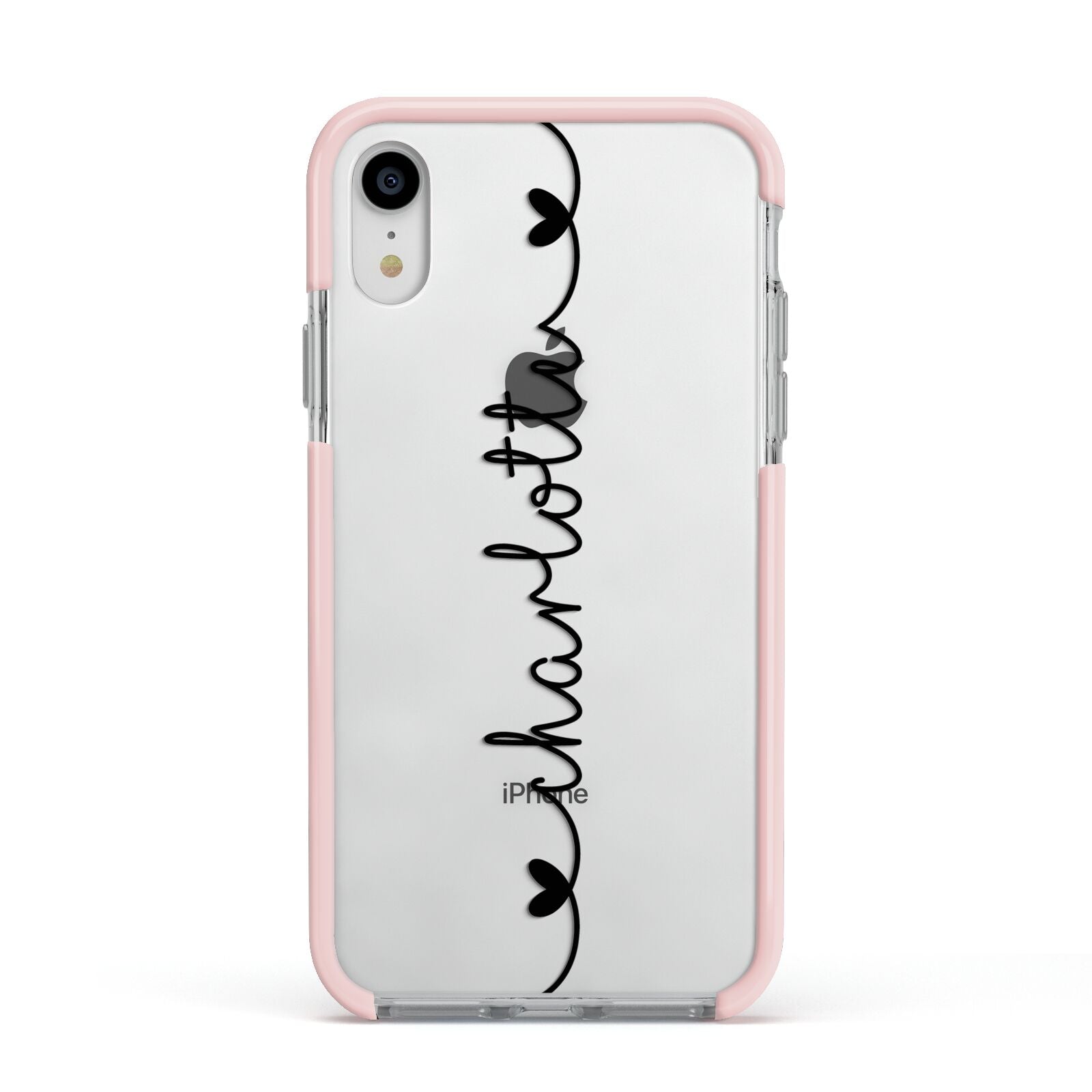 Personalised Black Handritten Name Vertical Apple iPhone XR Impact Case Pink Edge on Silver Phone